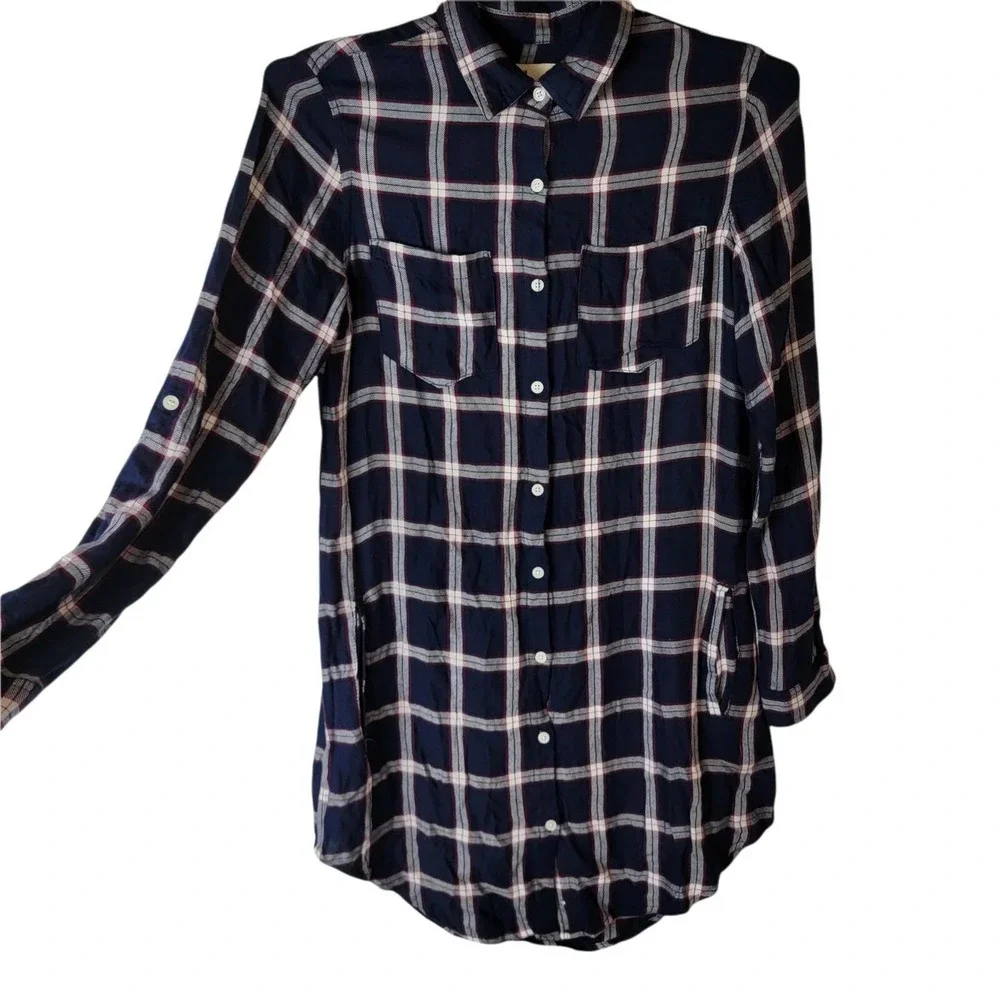 Thread Supply Flannel‎ Shirt Dress Button Down Small Navy Red White
